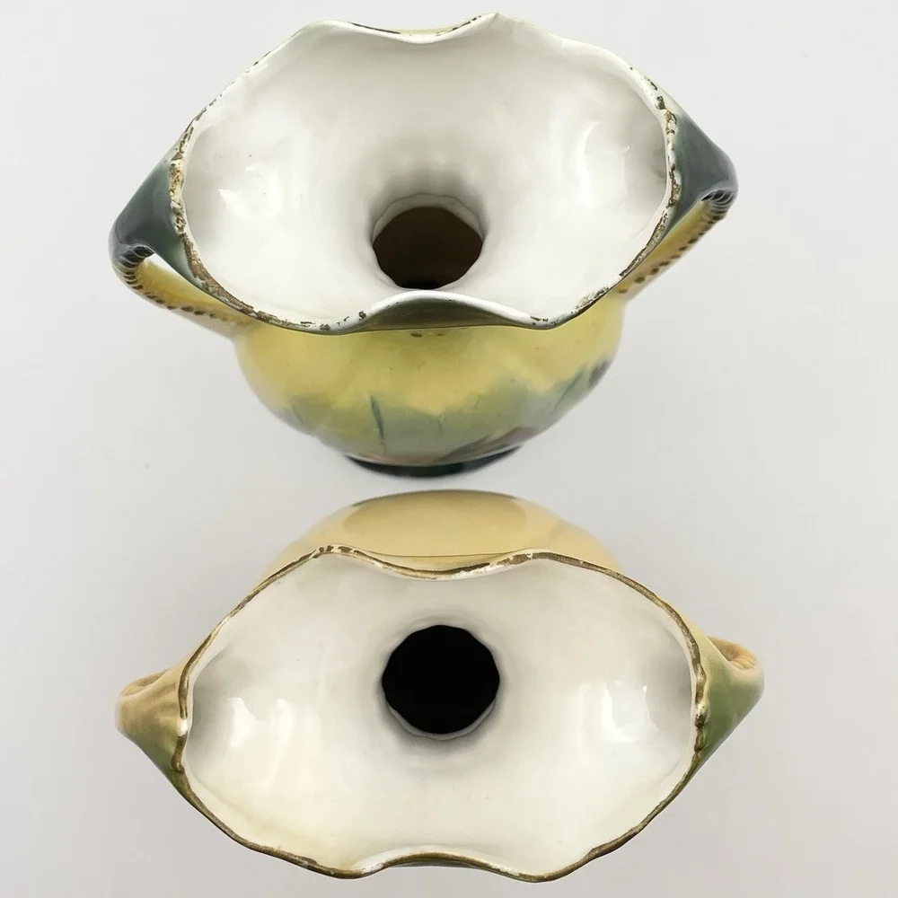 Antique Pair German Porcelain Scenic Mountain Landscape Double Handle Vases 10